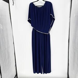 Msk Navy Blue Off the Shoulder Jumpsuit Cape Overlay sparkle bling trim Size M